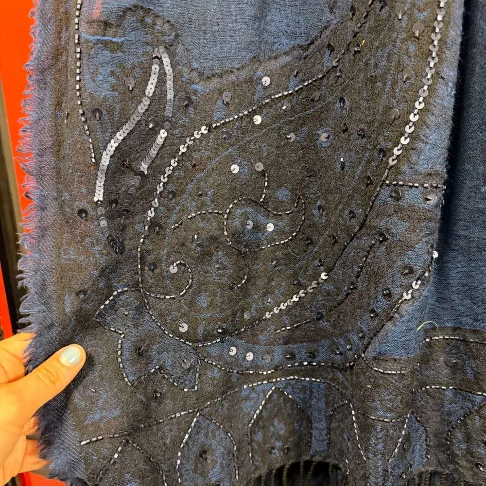 Whimsigoth Blue Black Beaded Sequin Floral Goth Fairy Fringe Scarf/Shawl